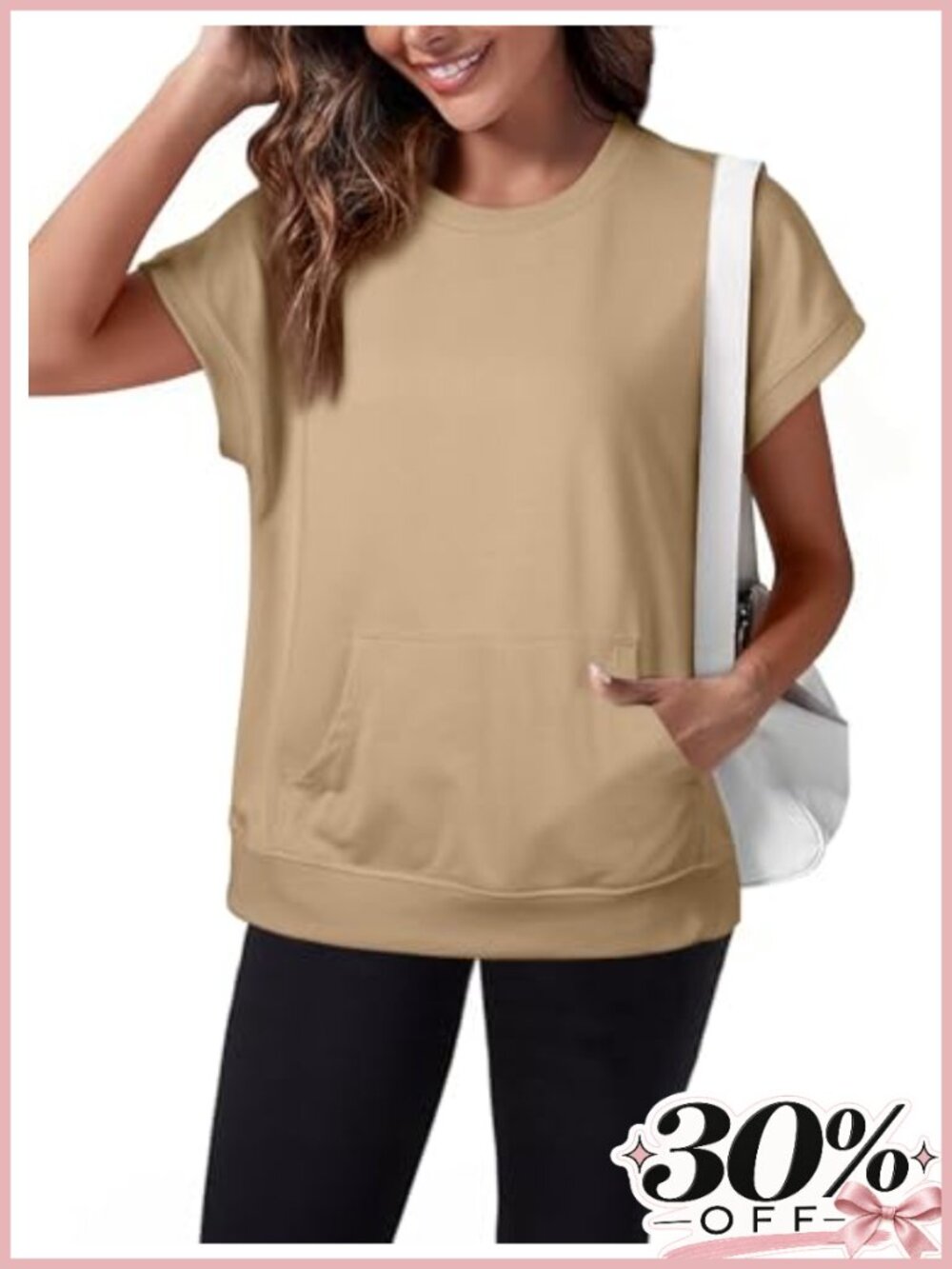 Women's Casual Crew Neck Short Sleeve Pullover Sweatshirt with Kangaroo Pocket